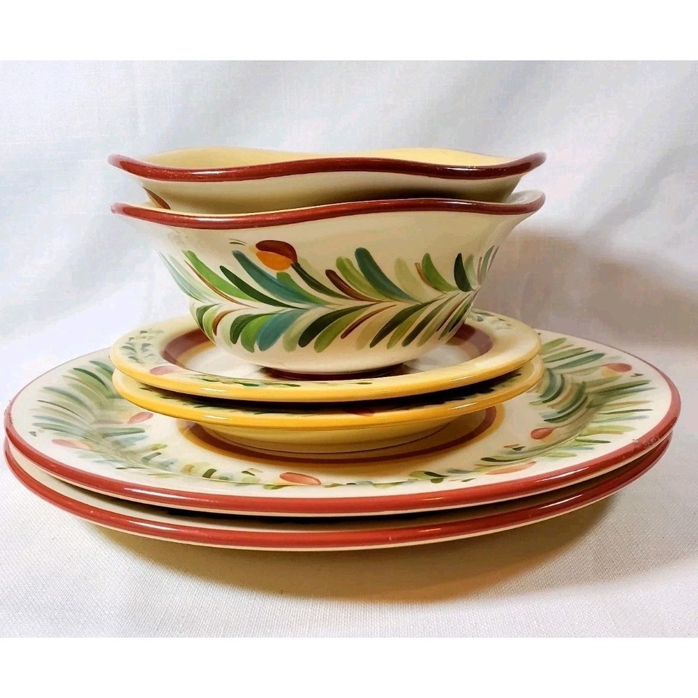 Vtg Set Of 2-Gail Pittman Hand-Painted‎ Floral Dinnerware Plate Bowl Sets-Tuscan